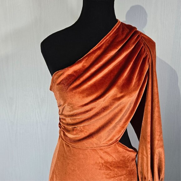 New Orange Rust Velvet One Shoulder Cutout Mini Dress Ruched Bodycon | Large - Picture 6 of 7